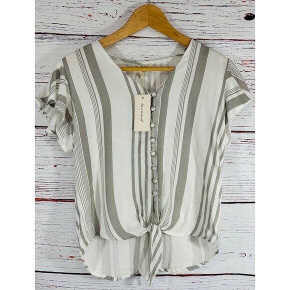 Stripe & Stare Womens Button Front Striped Tie Hem Top Size Medium Nautical - Picture 3 of 13